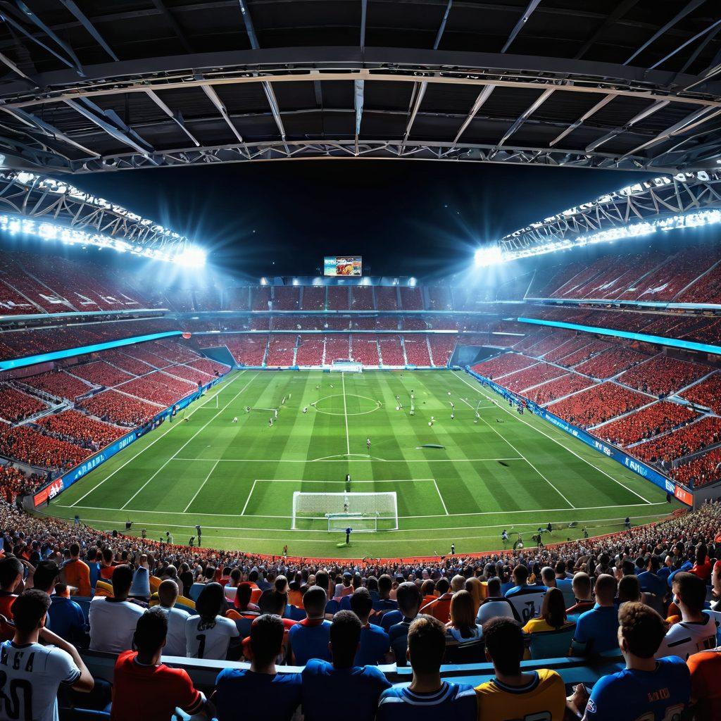 A dynamic scene capturing a vibrant football stadium with cheering fans, showcasing a split screen of intense match highlights on one side and live score updates on the other. Include players in action, a glowing scoreboard, and various football memorabilia around the edges. Bright colors and energy filled atmosphere to convey excitement. super-realistic. vibrant colors. 3D.