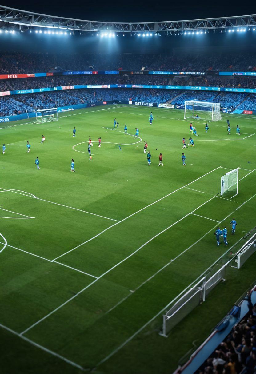 A dynamic visualization of a vibrant soccer field, half lit with stadium lights, showcasing players in action, with digital analytics overlay - graphs, stats, and data points hovering in the air. The atmosphere is electric, with fans cheering in the stands, and a digital scoreboard in the background giving live updates. The color palette is vibrant, emphasizing green and blue hues. super-realistic. vibrant colors. 3D.