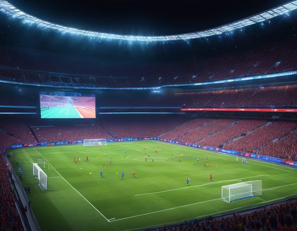 A dynamic scene of a football stadium packed with excited fans, digital screens showcasing live matches and highlights, a football field under vibrant floodlights with players in action. Include elements like a scoreboard displaying scores, fans cheering with flags, and colorful team jerseys. super-realistic. vibrant colors. 3D.